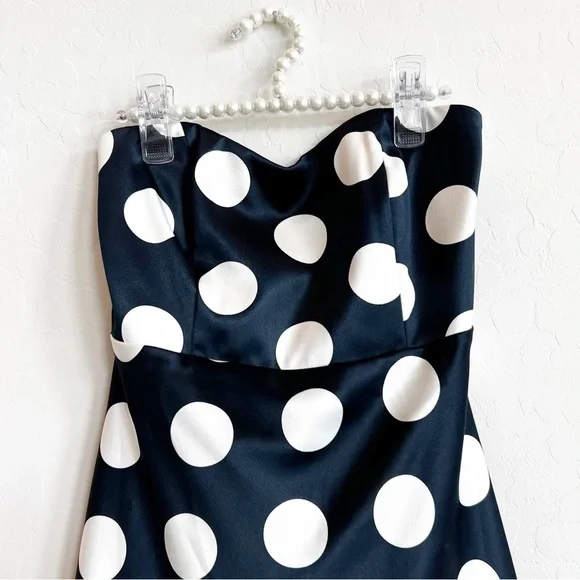 Bardot Women's Satin Polka Dot Strapless Dress Sweetheart Navy Tie Back 4/XS - Picture 3 of 6